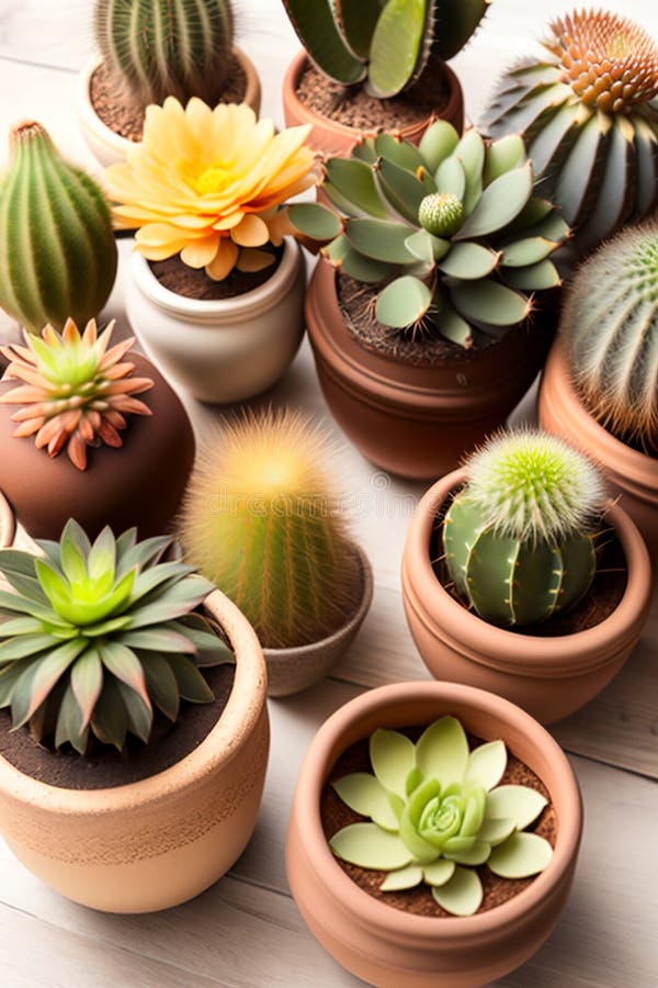 Lots of cacti in clay pots on a white wooden table. a photo in a light key. Generative AI. Key generative illustrations