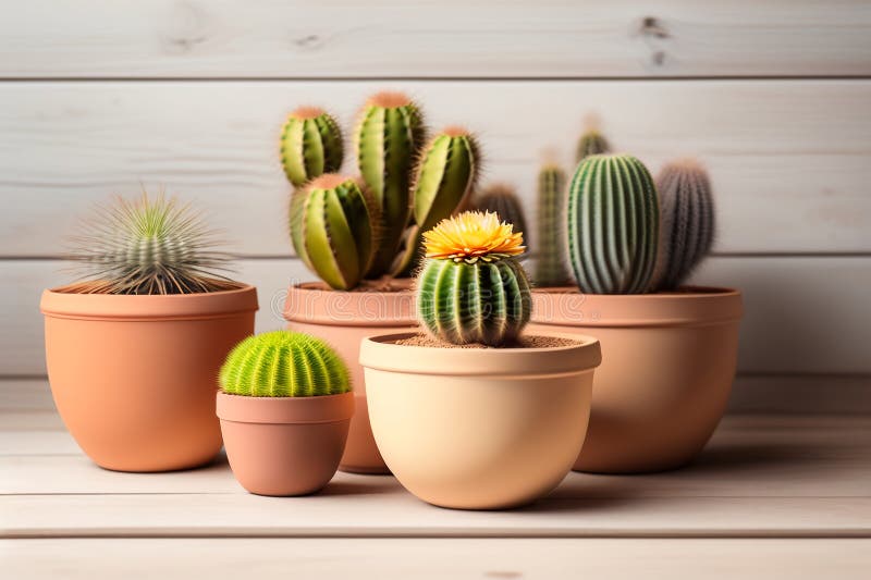 Lots of cacti in clay pots on a white wooden table. a photo in a light key. Generative AI. Key generative illustrations
