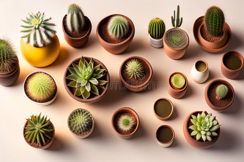 Lots of cacti in clay pots on a white wooden table. a photo in a light key. Generative AI. Key generative illustrations