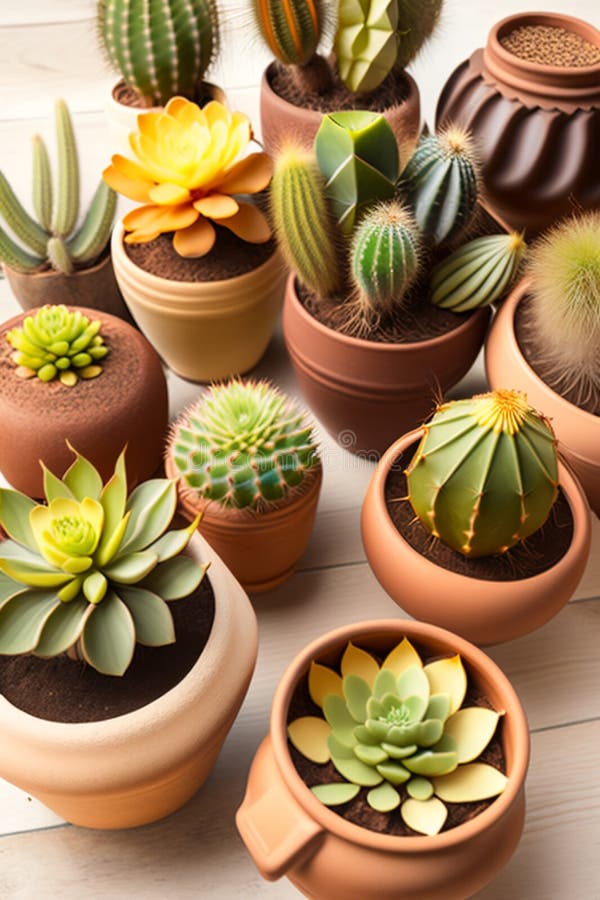 Lots of cacti in clay pots on a white wooden table. a photo in a light key. Generative AI. Key generative illustrations