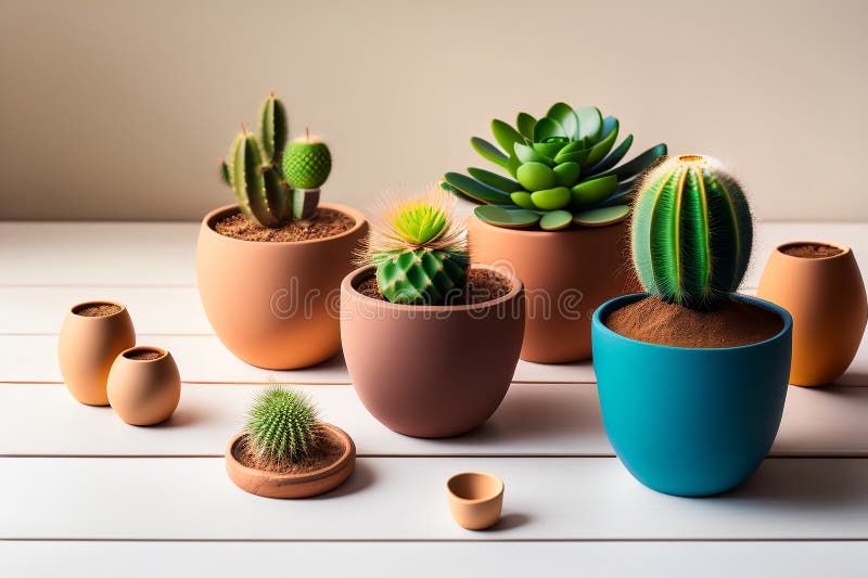 Lots of cacti in clay pots on a white wooden table. a photo in a light key. Generative AI. Key generative illustrations