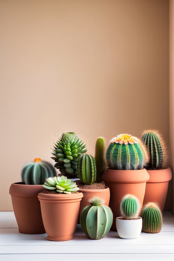 Lots of cacti in clay pots on a white wooden table. a photo in a light key. Generative AI. Key generative illustrations