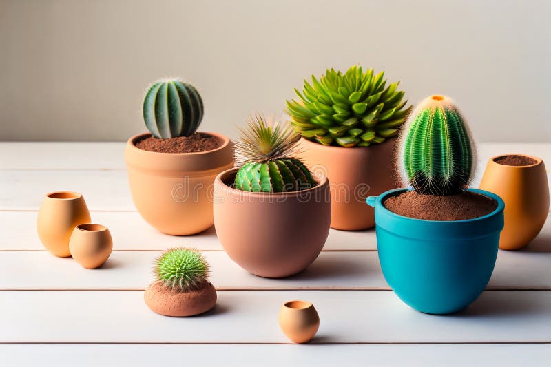 Lots of cacti in clay pots on a white wooden table. a photo in a light key. Generative AI. Key generative illustrations