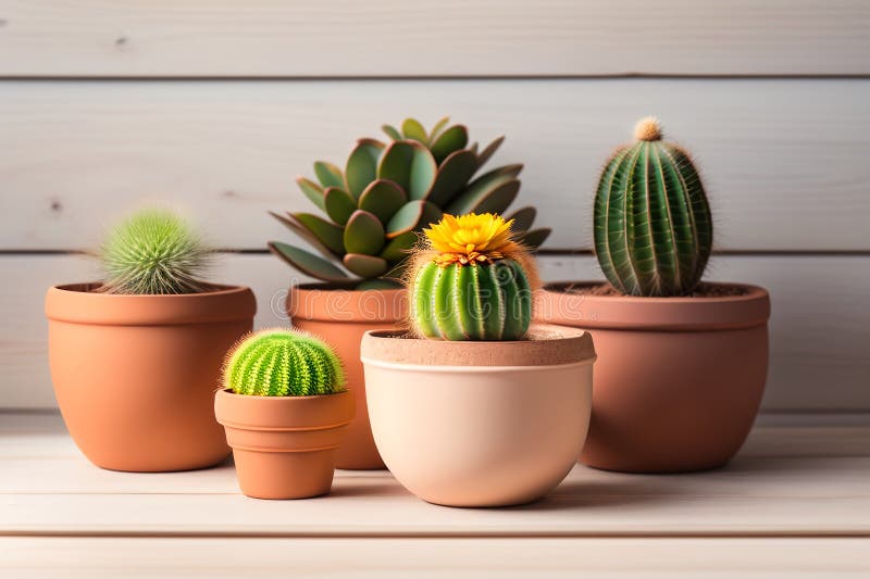 Lots of cacti in clay pots on a white wooden table. a photo in a light key. Generative AI. Key generative illustrations