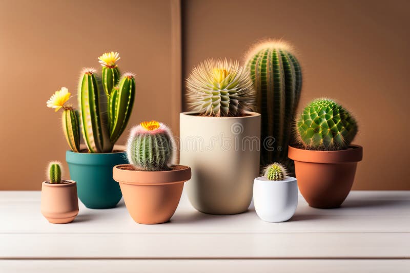 Lots of cacti in clay pots on a white wooden table. a photo in a light key. Generative AI. Key generative illustrations