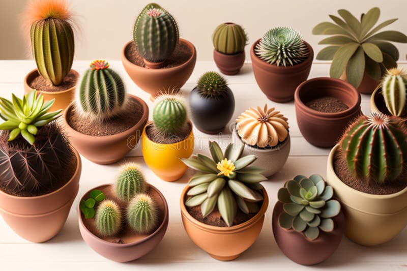 Lots of cacti in clay pots on a white wooden table. a photo in a light key. Generative AI. Key generative illustrations