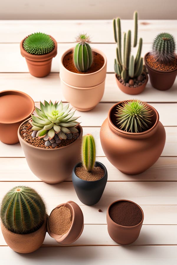 Lots of cacti in clay pots on a white wooden table. a photo in a light key. Generative AI. Key generative illustrations
