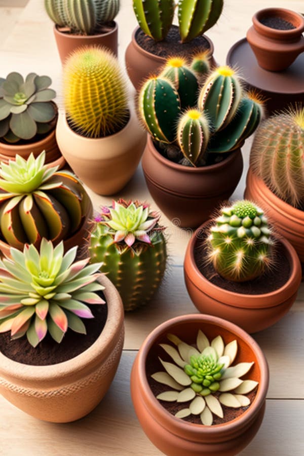 Lots of cacti in clay pots on a white wooden table. a photo in a light key. Generative AI. Key generative illustrations