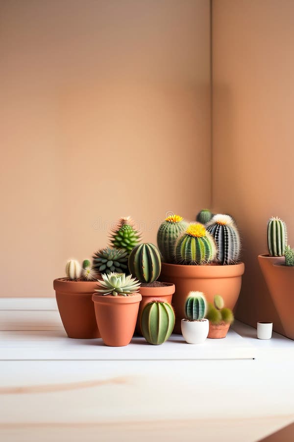 Lots of cacti in clay pots on a white wooden table. a photo in a light key. Generative AI. Key generative illustrations