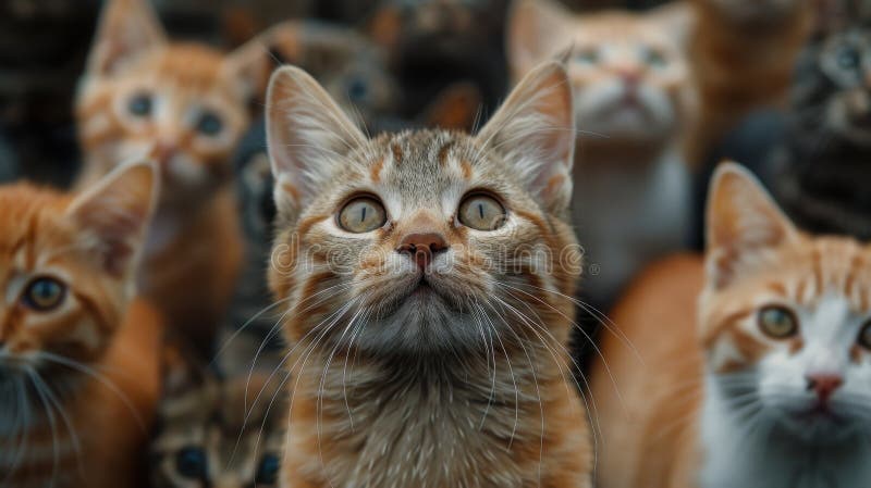 Lots of kittens looking at the camera. A group of different colored cats looking carefully towards the camera stock photography