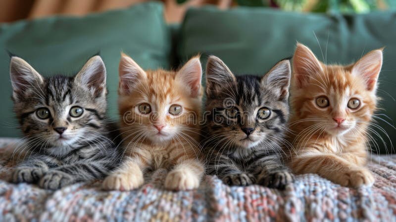 Lots of kittens looking at the camera. A group of different colored cats looking carefully towards the camera stock photography