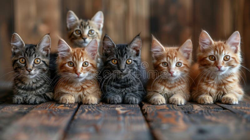 Lots of kittens looking at the camera. A group of different colored cats looking carefully towards the camera royalty free stock photo