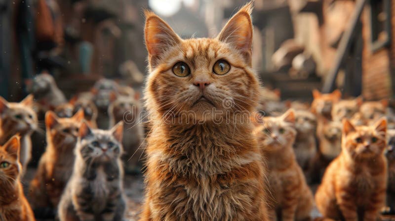 Lots of kittens looking at the camera. A group of different colored cats looking carefully towards the camera stock photography