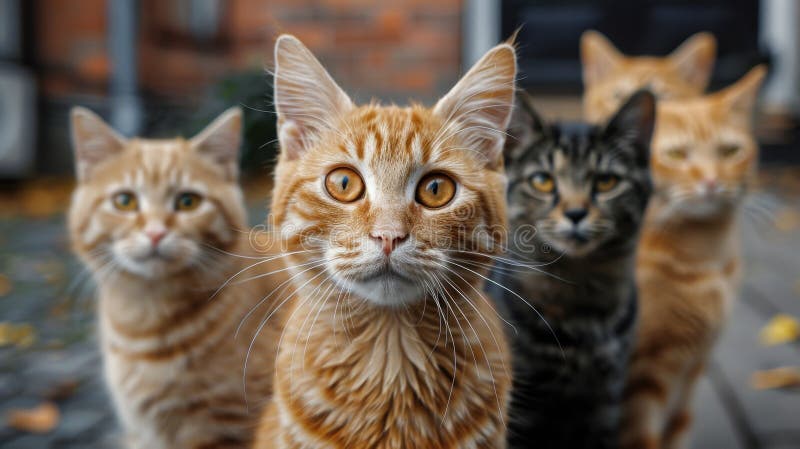 Lots of kittens looking at the camera. A group of different colored cats looking carefully towards the camera royalty free stock images