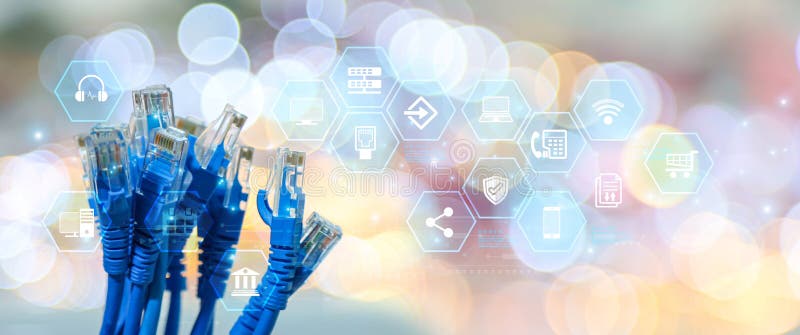 Lots of RJ45 UTP Cat6 LAN internet network cable fiber optic and Ethernet cables with computer data link connect cloud computing stock photos