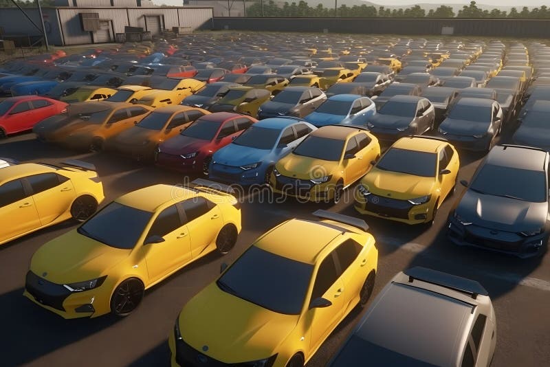 Lots of Yellow Cars for Sale. Neural Network AI Generated Stock