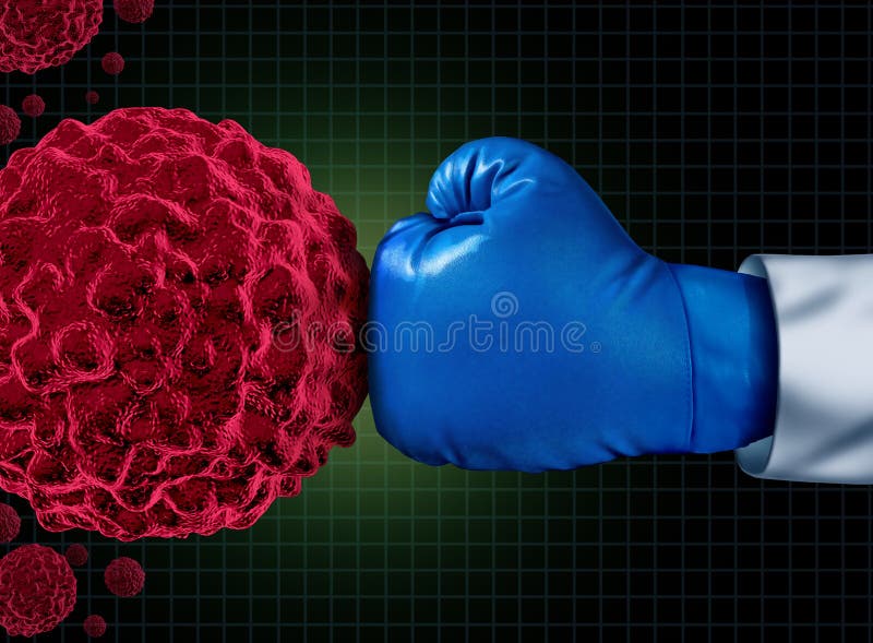Cancer fight medical concept with an arm of a doctor wearing a blue boxing glove fighting a group of malignant human cells as a health care metaphor for researching a cure for dangerous tumors and therapy to remove illness. Cancer fight medical concept with an arm of a doctor wearing a blue boxing glove fighting a group of malignant human cells as a health care metaphor for researching a cure for dangerous tumors and therapy to remove illness.