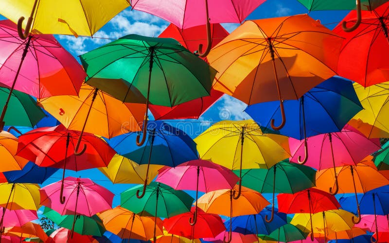Lotti degli ombrelli variopinti nel cielo fotografia stock