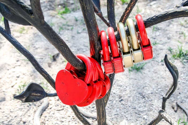 Lotti delle serrature in forma di cuore rosse e dorate che appendono su un albero del metallo immagine stock Lotti delle serrature in forma di cuore rosse e dorate che appendono su un albero del metallo immagine stock