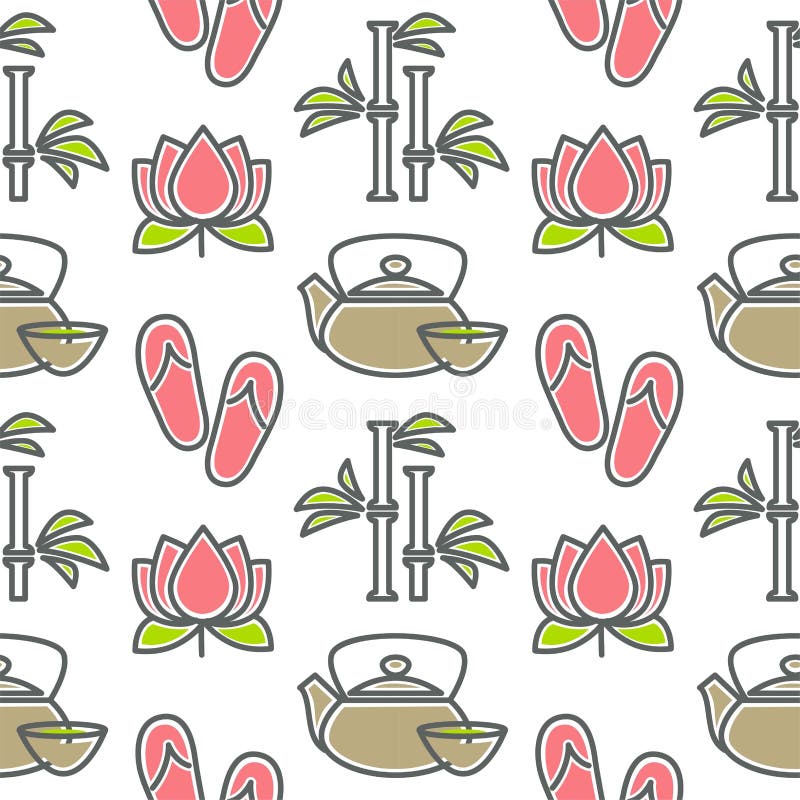 Lotus and bamboo spa and beauty teapot and cup seamless pattern vector illustration Lotus and bamboo spa and beauty teapot and cup seamless pattern vector illustration
