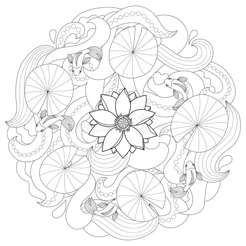 Lotus and fishes coloring page stock illustration Lotus and fishes coloring page stock illustration
