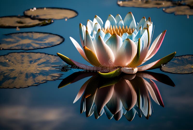 Lotus Flower Floating in a Blue Water with a Reflection of the Sky and