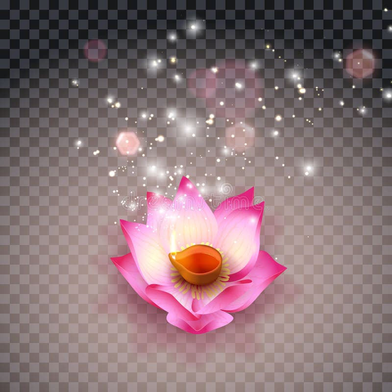 Lotus oil lamp Indian. Diwali Festival Burning Lamps, Bokeh and Light. Flower candle on transparent background. Vector