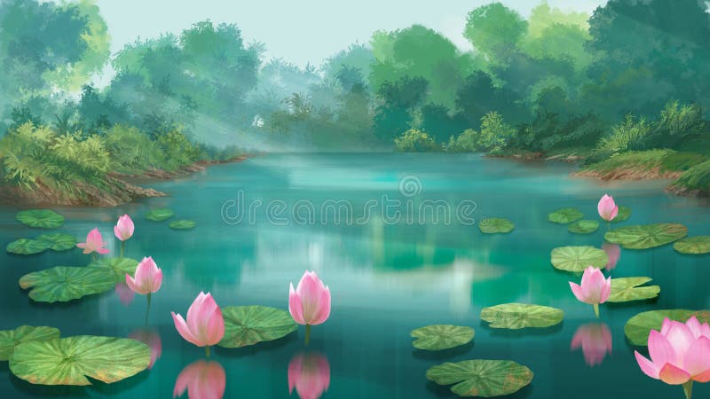 Lotus pond stock illustration. Image of landscape, foliage - 67048631