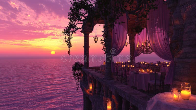 Lounge with a cliffside sunset view, serving a romantic dinner overlooking the ocean royalty free stock photo