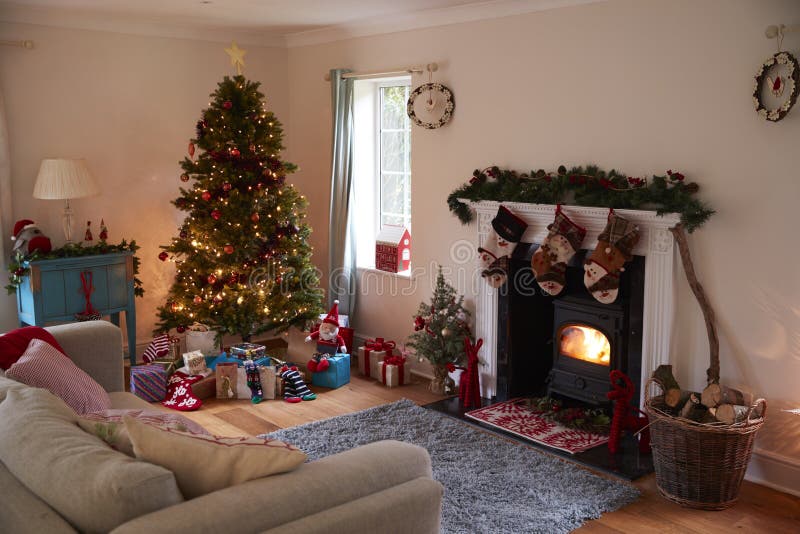 Lounge Decorated for Christmas with Tree and Presents Stock Photo