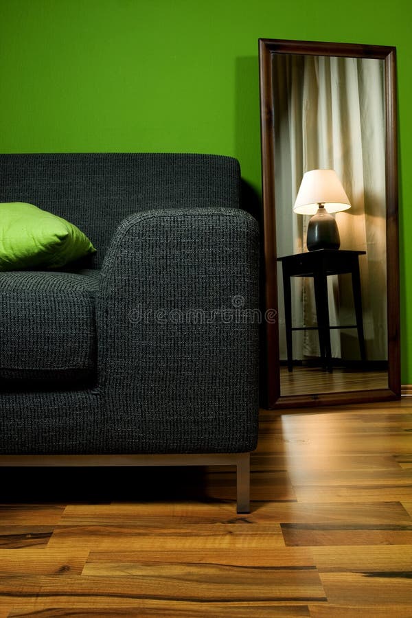 Lounge Green Room with Couch and Lamp in Mirror Stock Image Image of