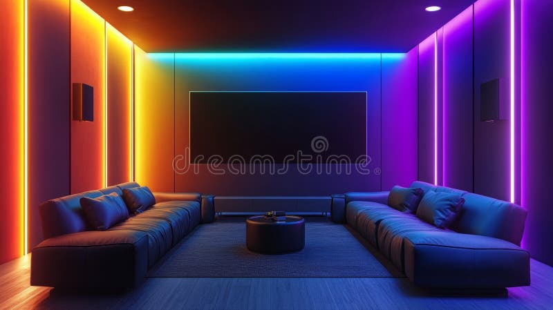 Lounge LED per home theatre moderne con illuminazione Dual Sofas ed esperienza di intrattenimento straordinaria illustrazione di stock