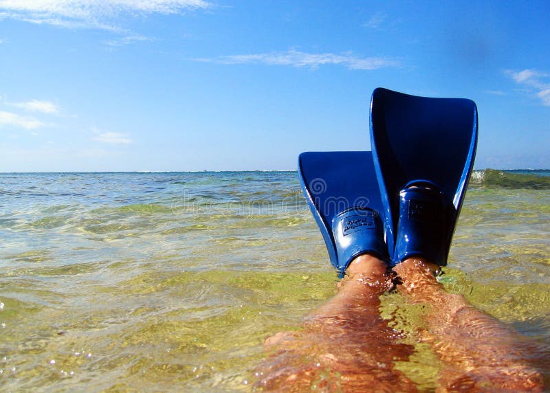 Lounging on beach, in shallow water, with snorkel fins on.