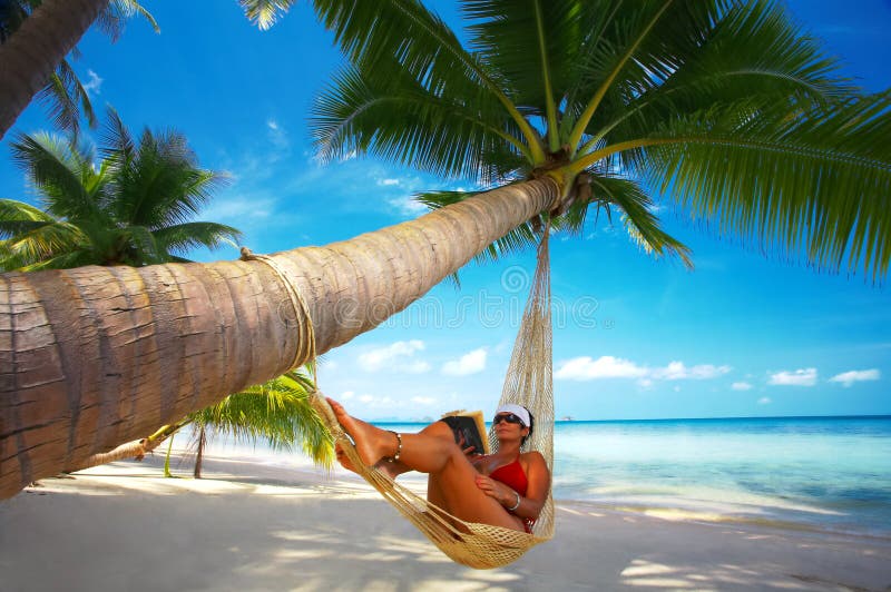 View of nice woman reading a book in hammock in tropical environment. View of nice woman reading a book in hammock in tropical environment