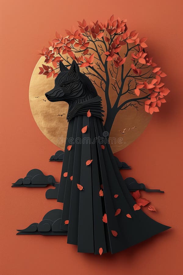 Loup noir majestueux vêtu à minuit, avec des feuilles d'automne contre une lune d'or dans un style découpé de papier artistique illustration libre de droits