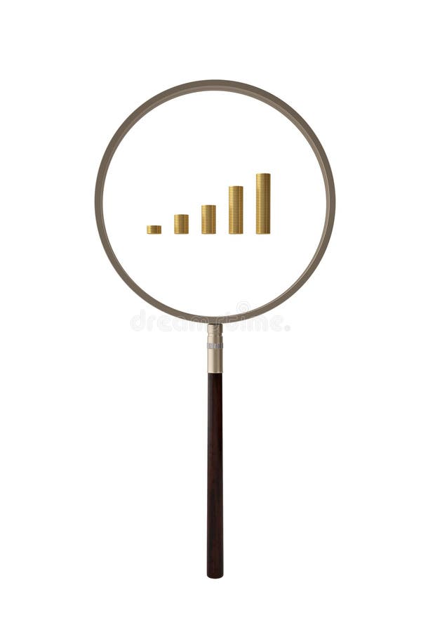 Loupe avec la pile de pièces d'or illustration 3D illustration de vecteur