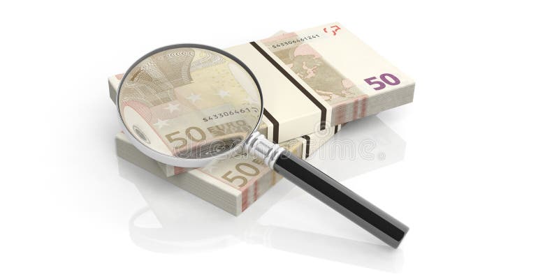 Loupe du rendu 3d sur l'euro pile de notes illustration libre de droits
