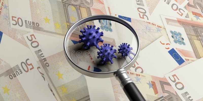 Loupe médicale d'infection du coronavirus covid19 sur l'euro illustration du fond en 3d de billets