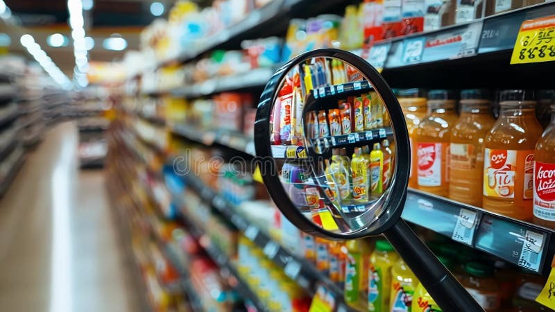 Loupe représentant des produits sur les étagères des supermarchés illustration libre de droits