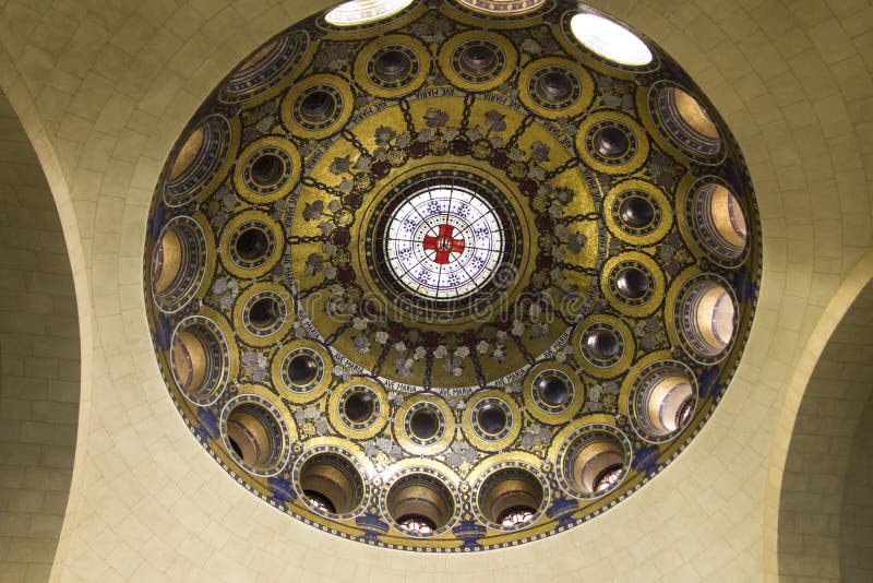 Lourdes, France, 24 June 2019: Interior of the Rosary Basilica, Mosaic ...