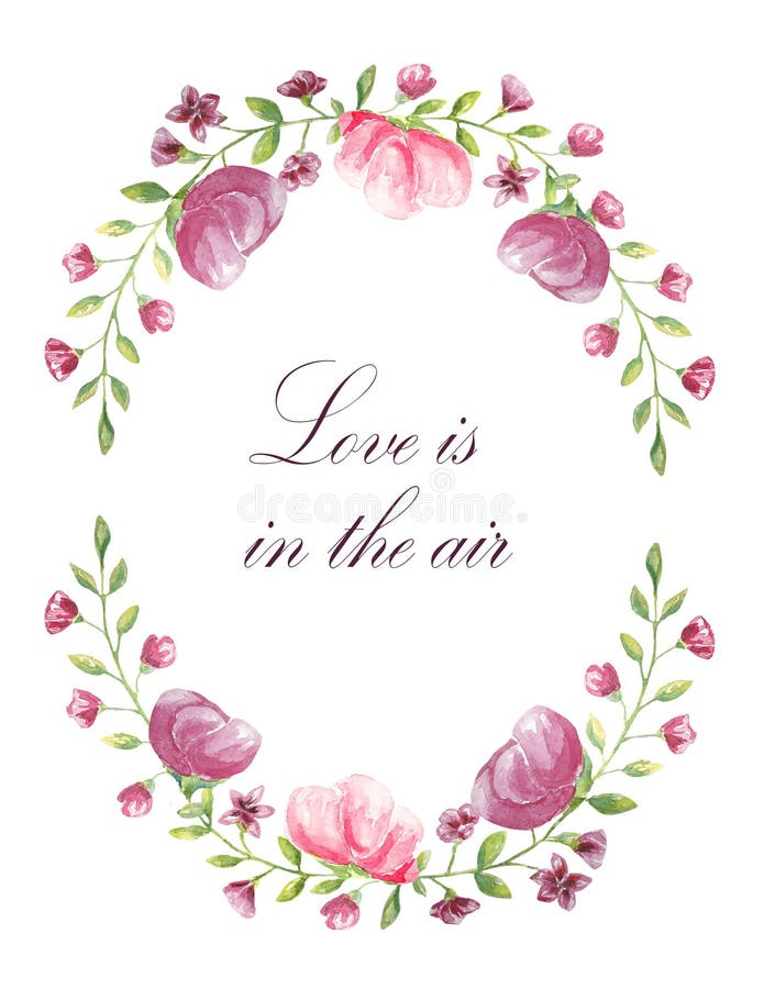 Love is in the air. Frame of three roses with blooming red flowers for an invitation or any lettering in the middle. stock illustration Love is in the air. Frame of three roses with blooming red flowers for an invitation or any lettering in the middle. stock illustration