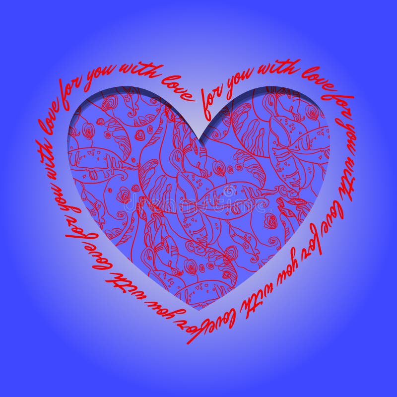 Love card. Deep blue red heart design with abstract pattern.