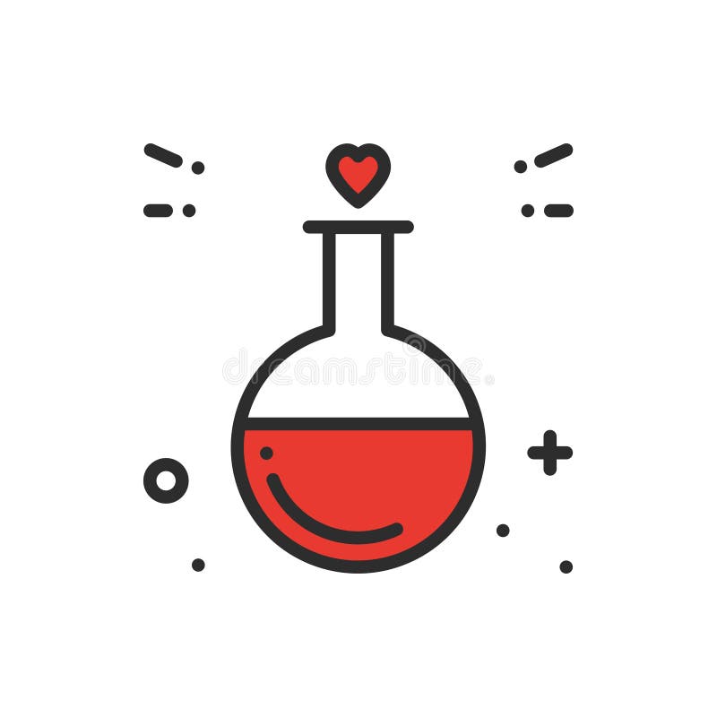 Love chemistry line icon. Test tube love fluid reaction laboratory bottle science romantic love theme. Heart shape vector illustration Love chemistry line icon. Test tube love fluid reaction laboratory bottle science romantic love theme. Heart shape vector illustration
