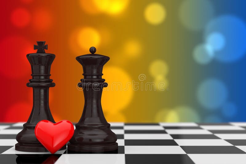 Love Concept. Chess King and Queen Figures with Red Heart over Chessboard on a multicolor background. 3d Rendering