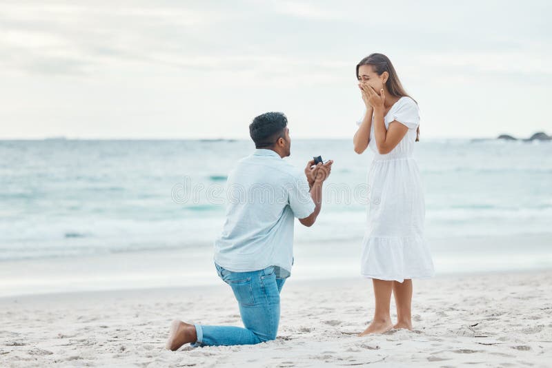 Love, Couple and Beach Engagement Proposal for Marriage, Partnership ...