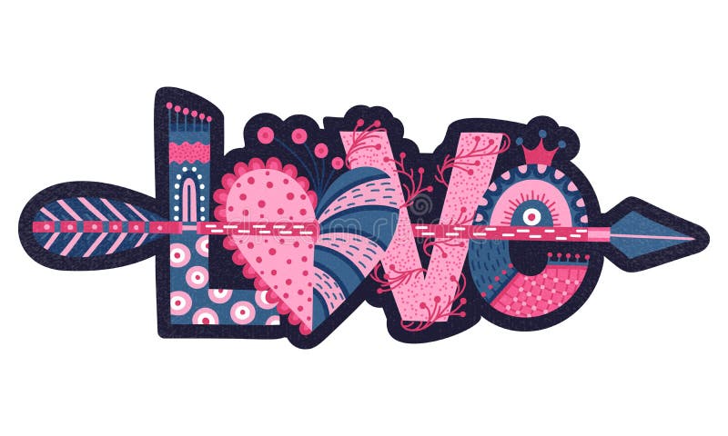 Love. Hand drawn lettering. Happy Valentine`s Day. Heart with arrow. Freehand style. Doodle. Holiday in February