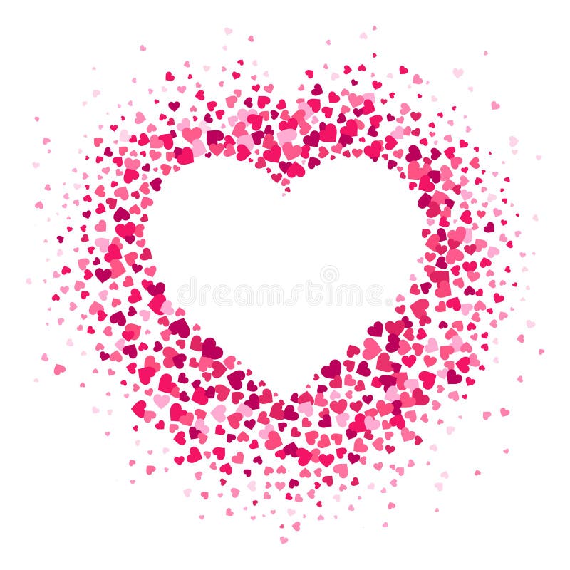 Love heart frame. Scattered hearts confetti in heart shape, valentines card and romance shapes scatter vector