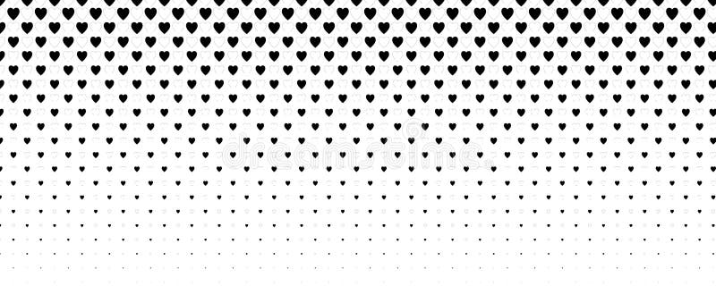 Love Heart Halftone Gradient Background, Black Solid And Outline Hearts Falling To White Fade, Seamless Minimal Romantic royalty free illustration