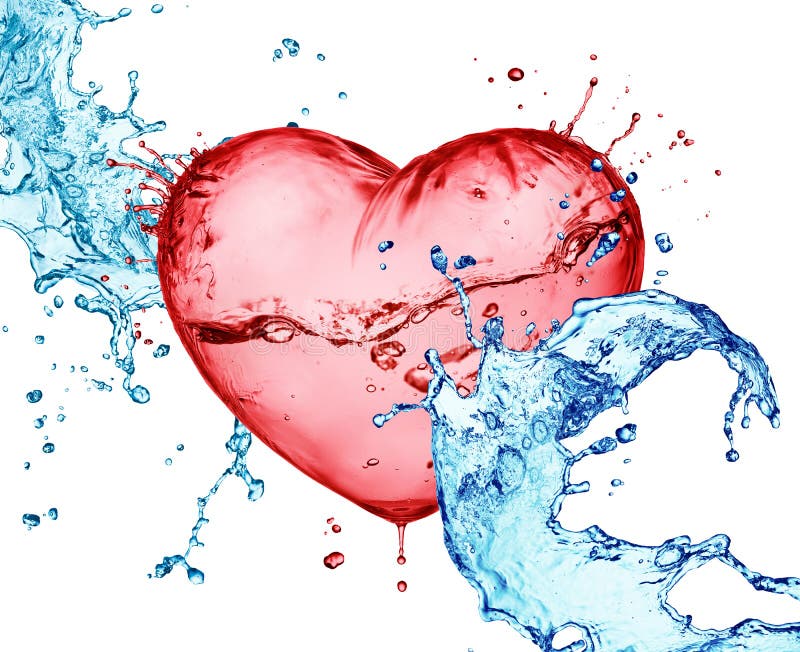 Pink love heart with blue water splash, white background. Pink love heart with blue water splash, white background.