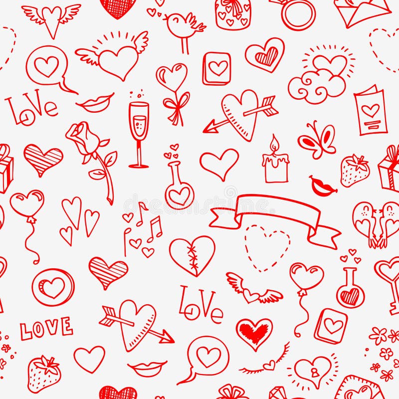 Love and hearts doodles, seamless background